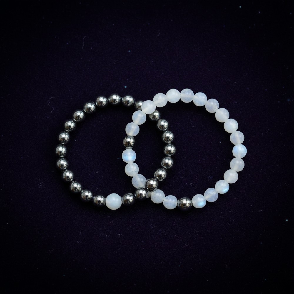 Couple Bracelet Set — Hematite & Moonstone — authentic healing crystal from CrystalLuck Atelier