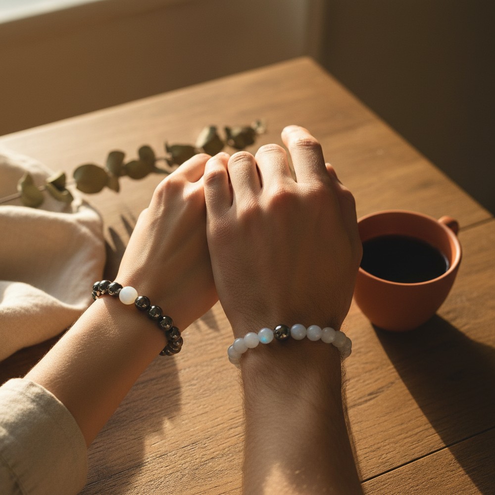 Couple Bracelet Set — Hematite & Moonstone 2