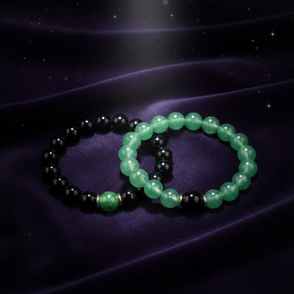 Couple Bracelet Set — Obsidian & Green Aventurine — CrystalLuck Atelier