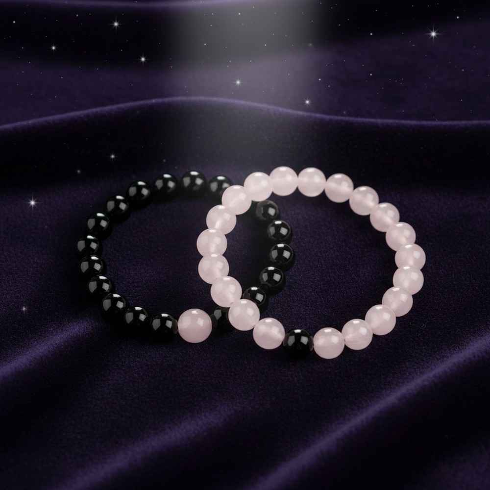 Couple Bracelet Set — Black Onyx & Rose Quartz 1