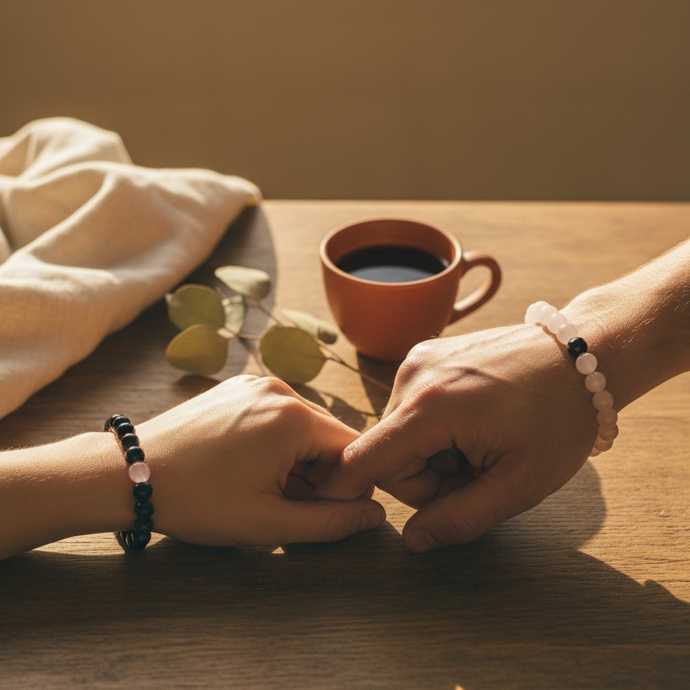 Couple Bracelet Set — Black Onyx & Rose Quartz 2