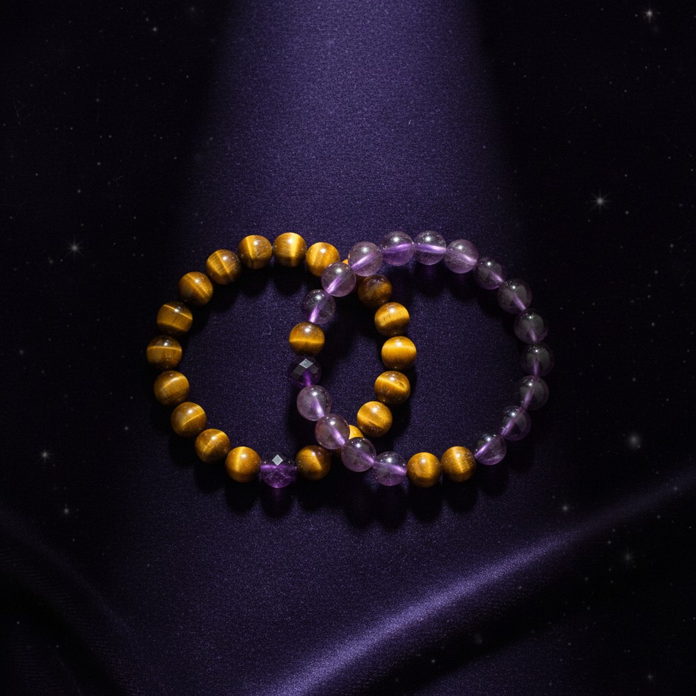 Couple Bracelet Set — Tiger's Eye & Amethyst — CrystalLuck Atelier